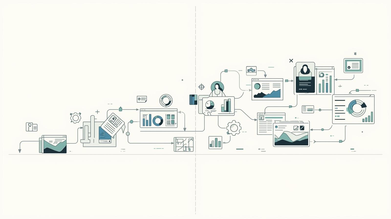 Abstract flowchart of data analysis and business processes with charts and graphs.